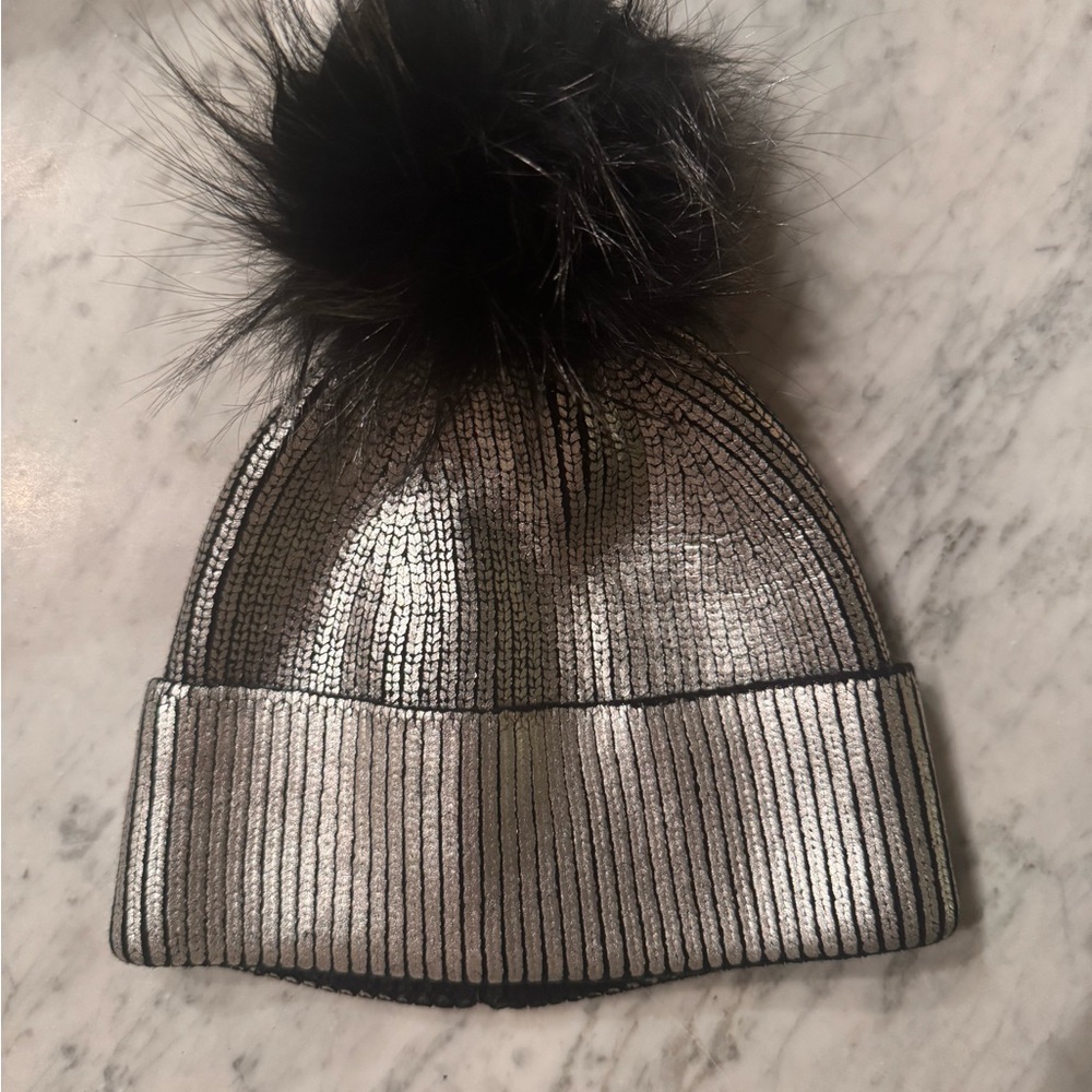 Jocelyn Silver and Black REAL FOX FUR Pom-pom Hat